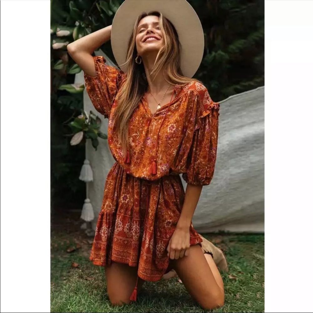 Orange Boho Floral Gypsy Print Dress Ruffle - Picture 1 of 5